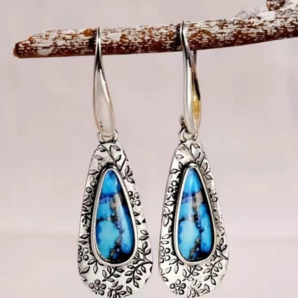 Boho Dangle Drop Earrings Metal Carved Pattern 925 Silver Plated Lightweight